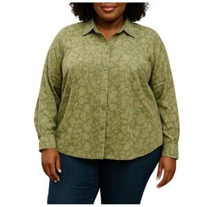 C.J. Banks Plus Size 1X Top Green Floral Corduroy Button-Up Long Sleeve Collared